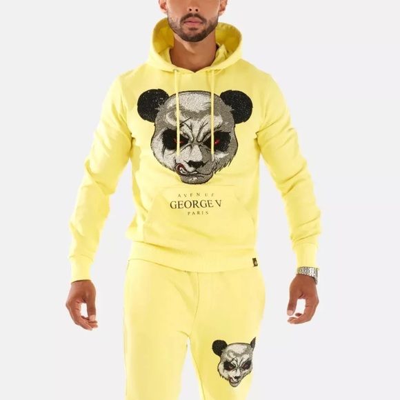 Avenue George V Paris Men's Yellow Tracksuit jogging Crystal Teddy Hoodie 3XL - Picture 2 of 5